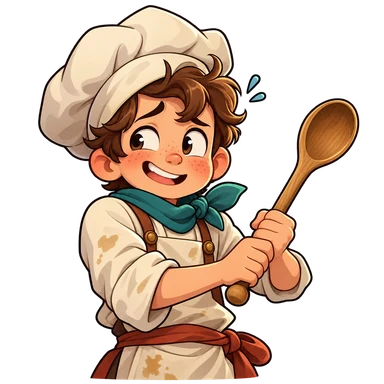 Original cartoon Spoon Squire holding a wooden spoon