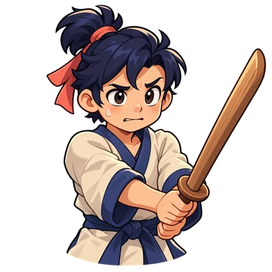 Original cartoon Wooden-Blade Student with a practice sword